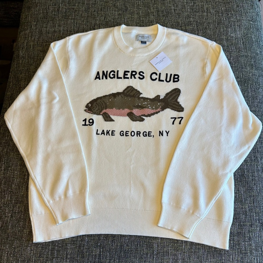 American Eagle Mens Large Sweater Cream Anglers Club Lake George Trout Fishing
